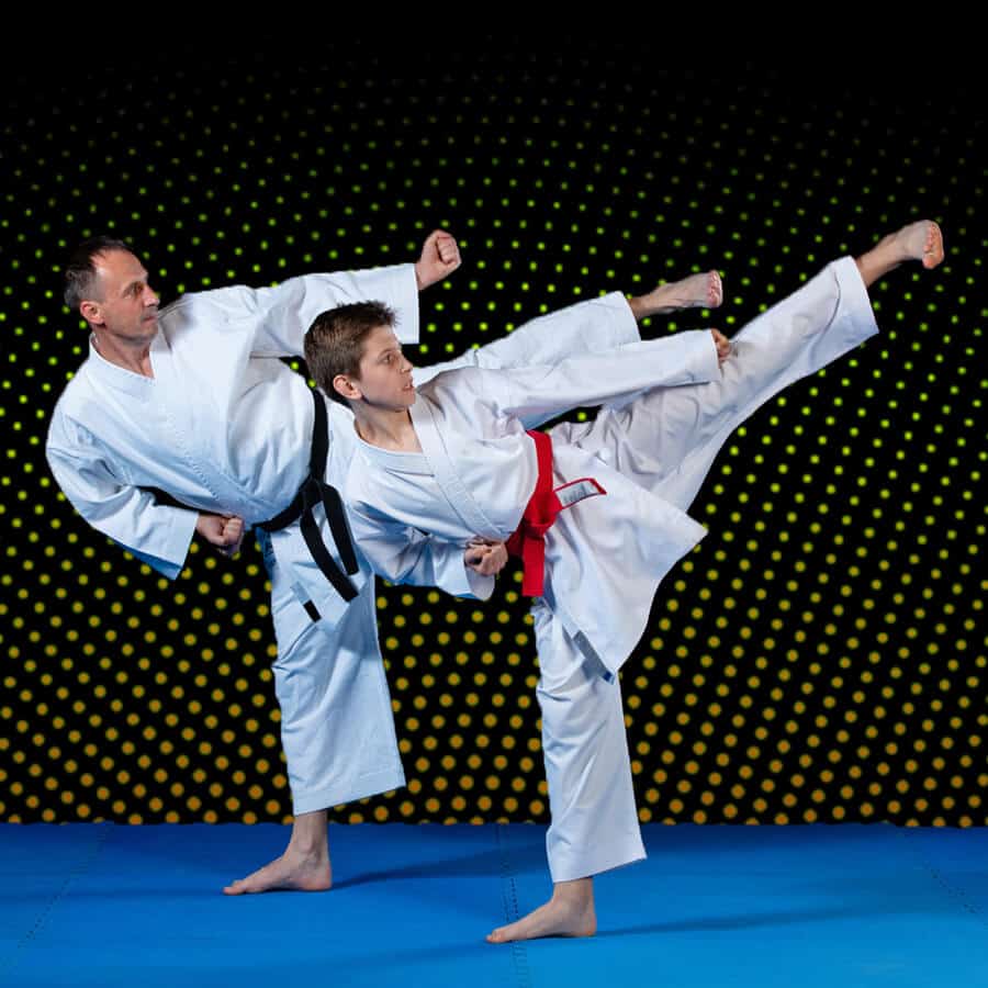 Martial Arts Lessons for Families in __CITY__ __STATE__ - Dad and Son High Kick